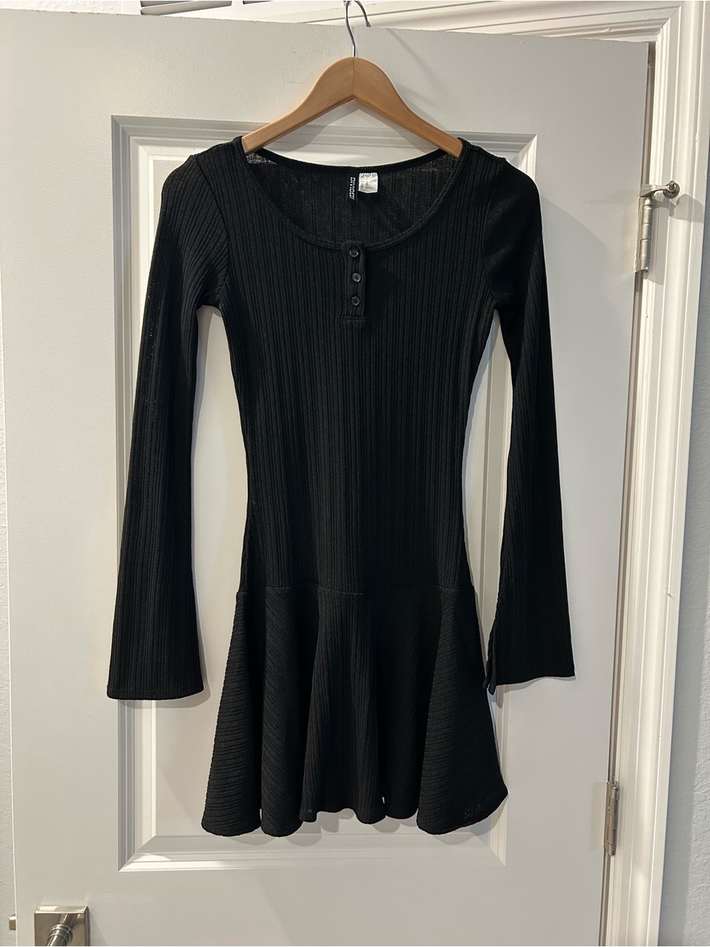 H&M Black Ribbed Mini Dress with Button Henley Neck